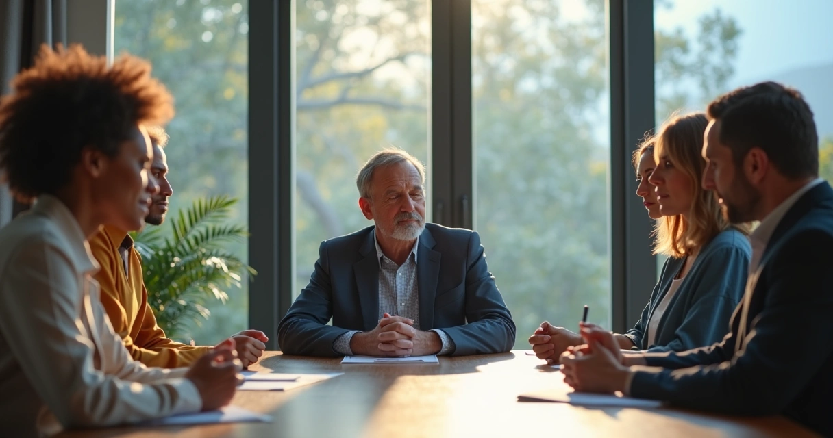 Leader taking a mindful pause with team members in a meeting room 