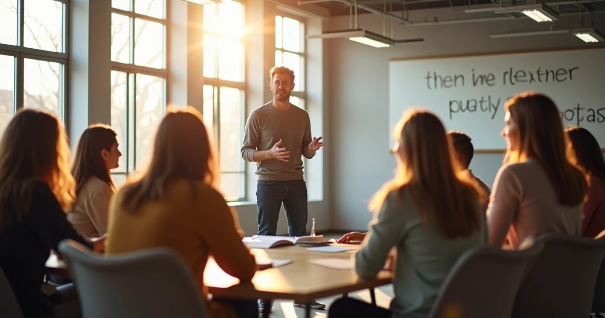 Team leader facilitating a presence workshop in casual office setting 