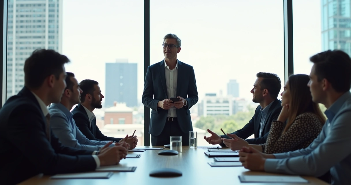 Leader standing calmly at a conference table with team listening, soft daylight in a modern office window 