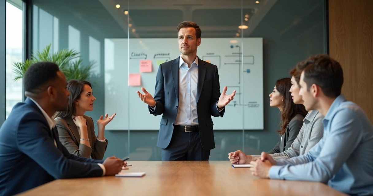 Calm leader facilitating a focused meeting between tense team members 