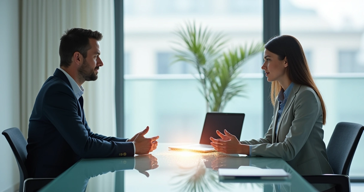 Leader and employee facing each other across a glass table with a glowing bridge of light between them 