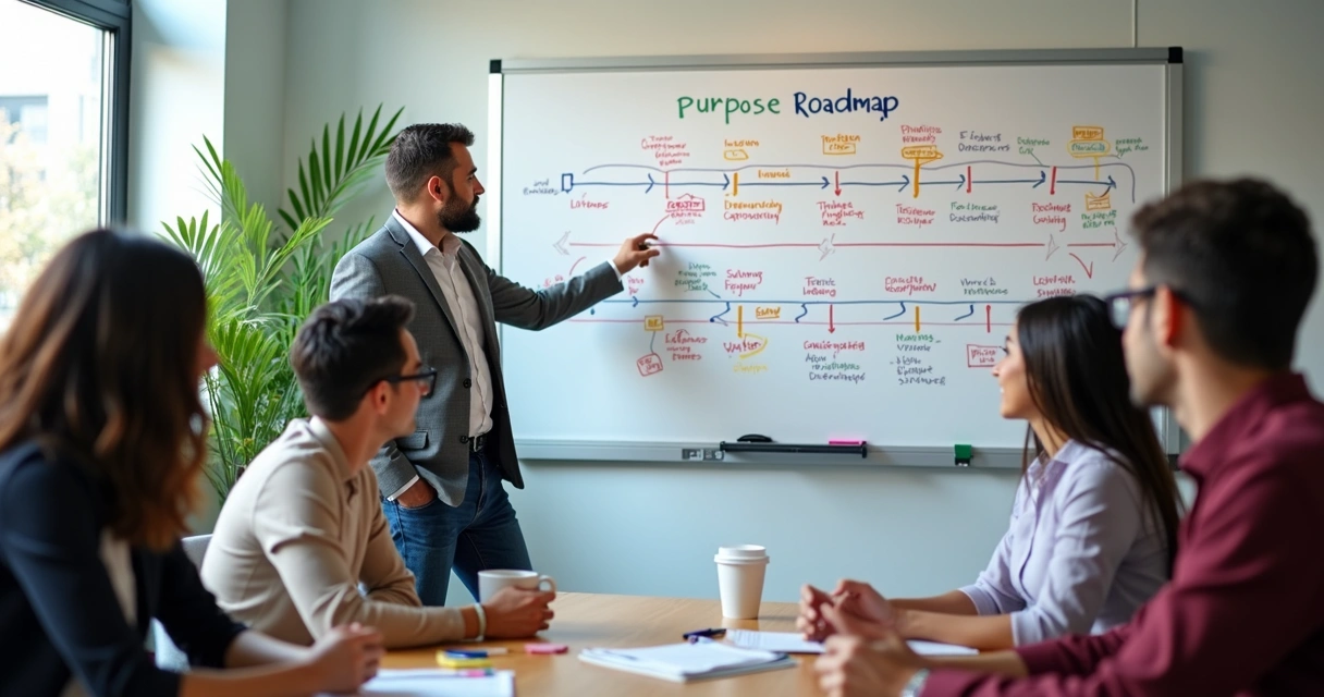 Leader presenting purpose roadmap on a meeting whiteboard