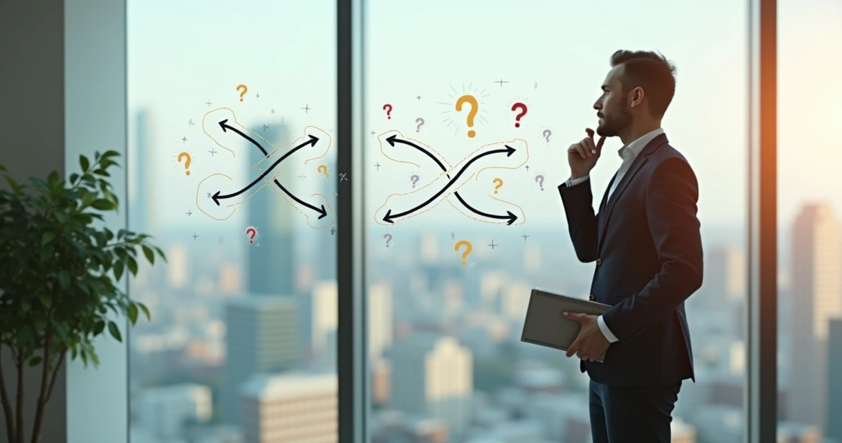 Leader pausing at office window reflecting with two contrasting paths drawn on glass 