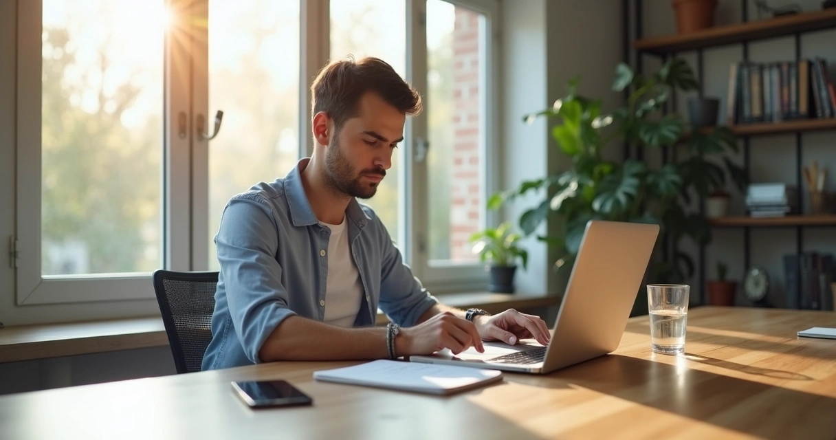 Leader at a quiet desk with phone turned face down and notebook open 