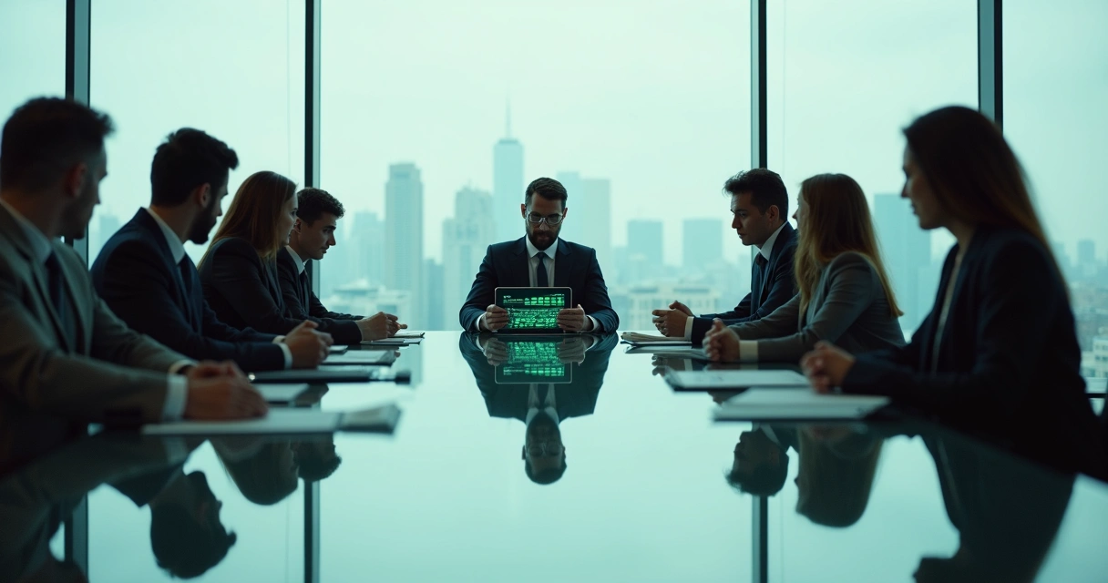 Leader observing diverse team in mirrored conference room 