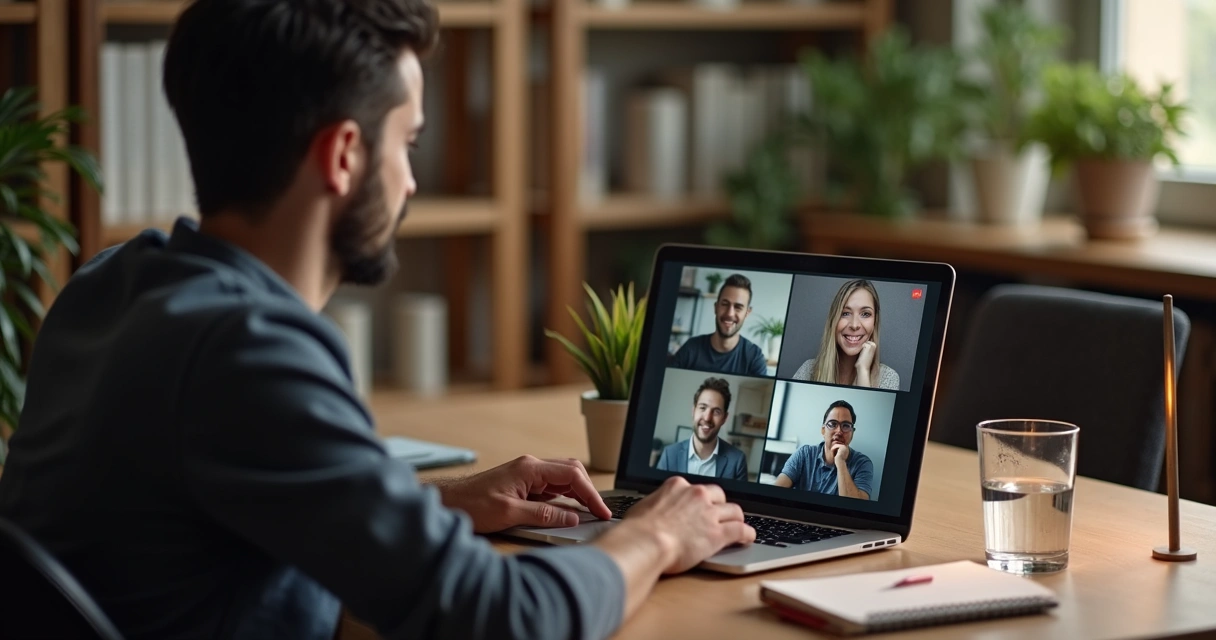 Leader reflecting before a video call at a desk 
