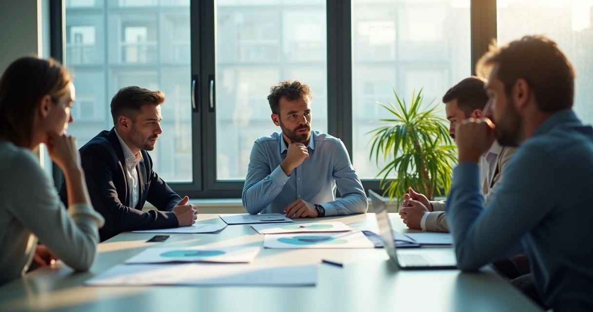 Leader looking thoughtful in a boardroom with project documents and teammates nearby