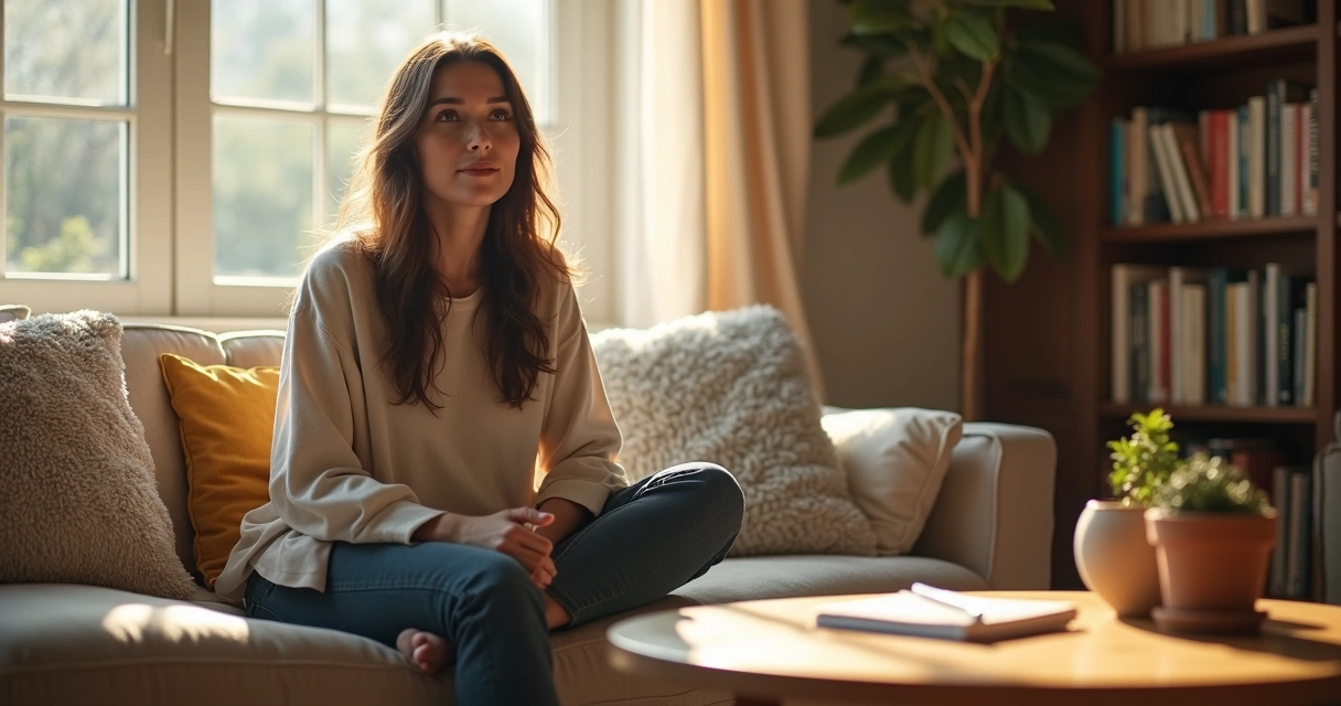 Leader sitting in a cozy home, reflecting quietly while sunlight streams in 