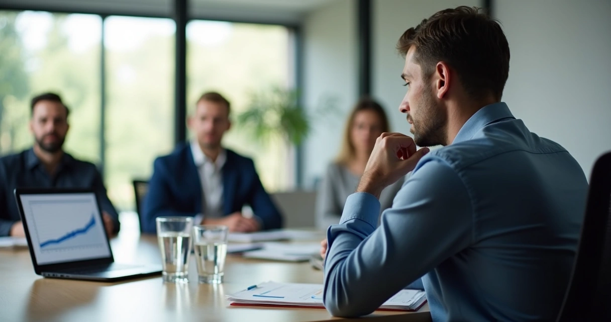 Leader pausing during a tense meeting with notes and team in background 