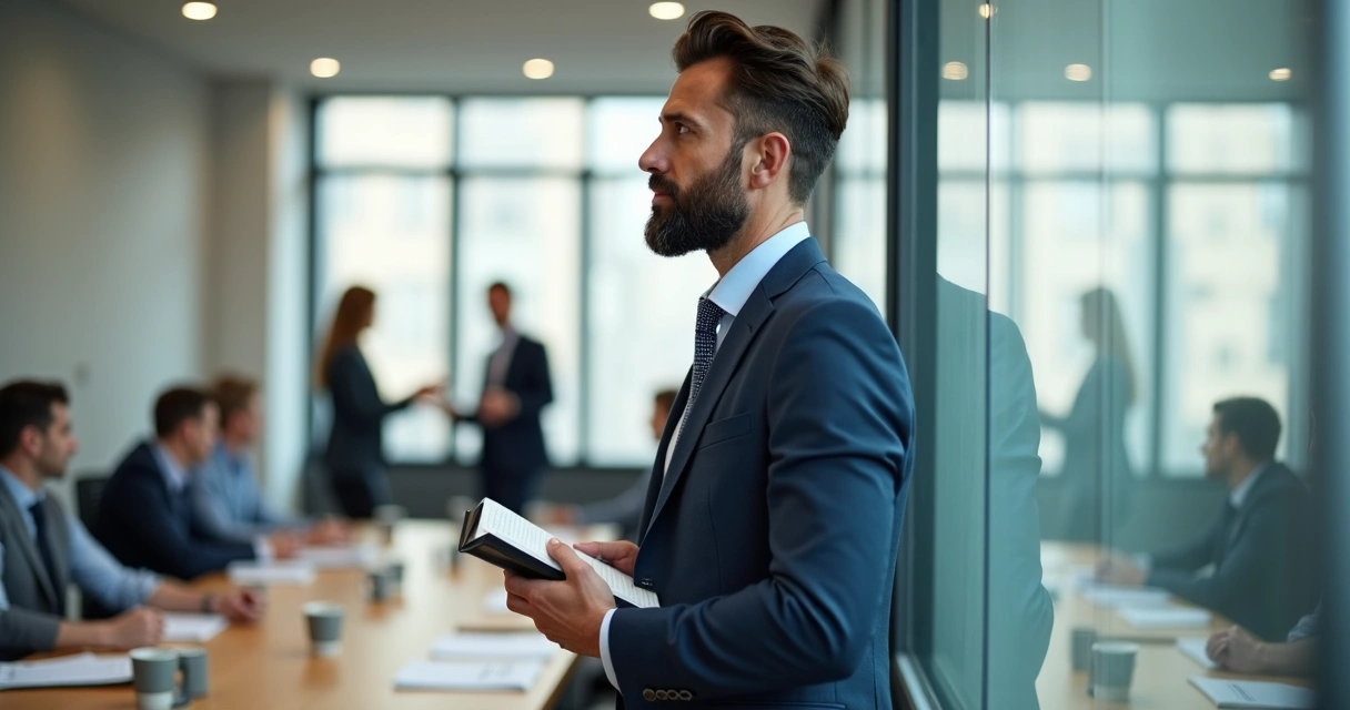 Leader reflecting in a meeting room after a team discussion 