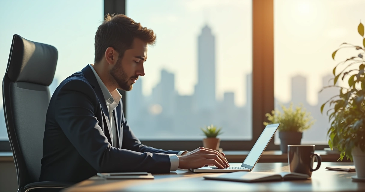 Leader sitting in an office taking a thoughtful pause 