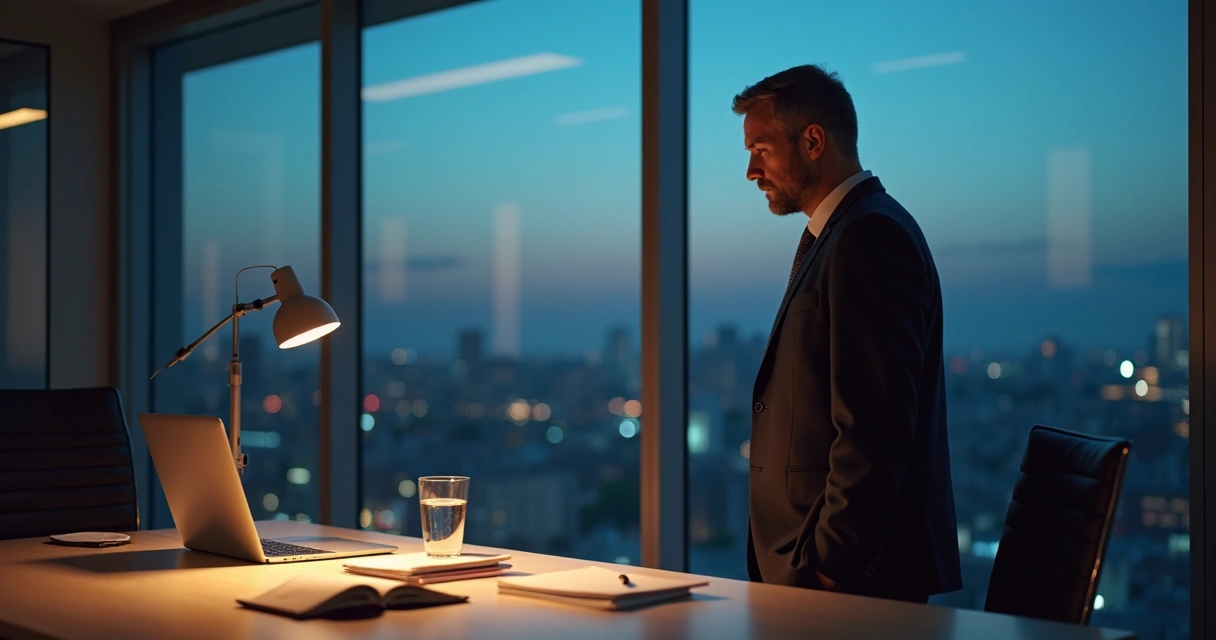 Leader reflecting by an office window after a hard decision