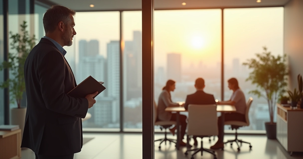 Leader reflecting by office window while team works in the background 