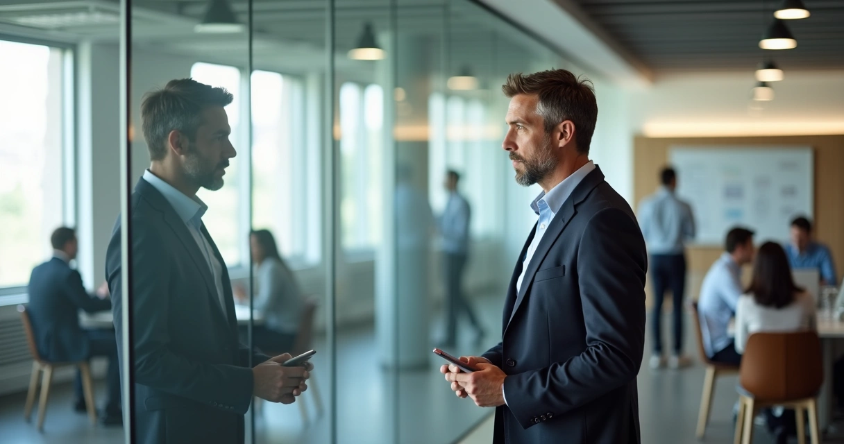 Business leader reflecting in glass wall with contrasting team interactions behind 