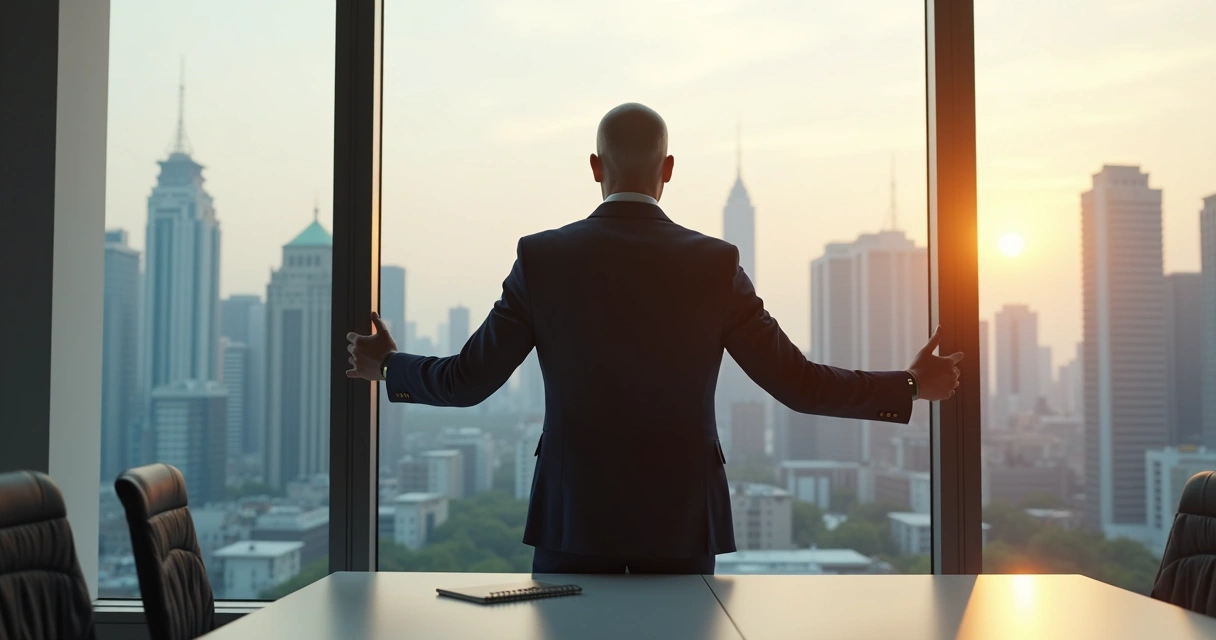Business leader reflecting in office, city view outside window 