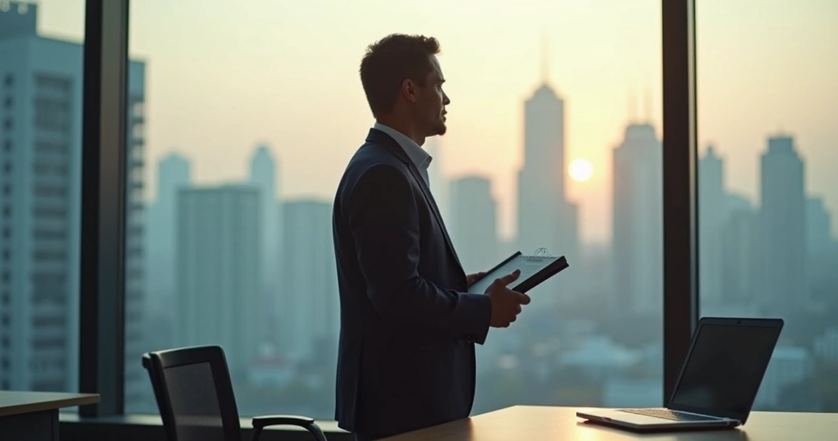 Leader reflecting by office window before a decision