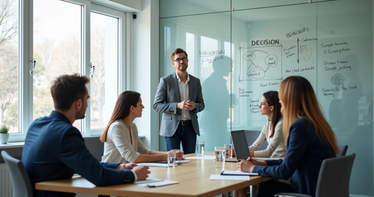 Leader reflecting during a team meeting with notes on a glass wall 