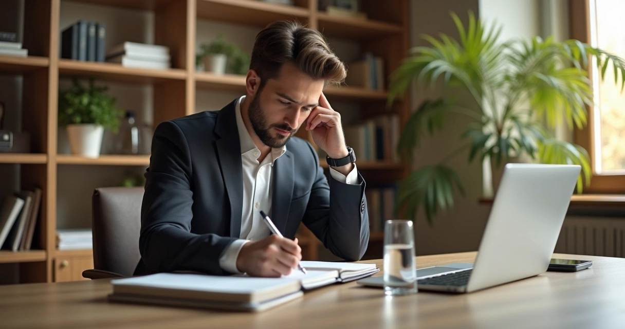 Leader reflecting alone at a tidy desk 