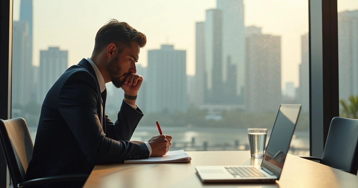 Leader writing reflections by a window after a team meeting 