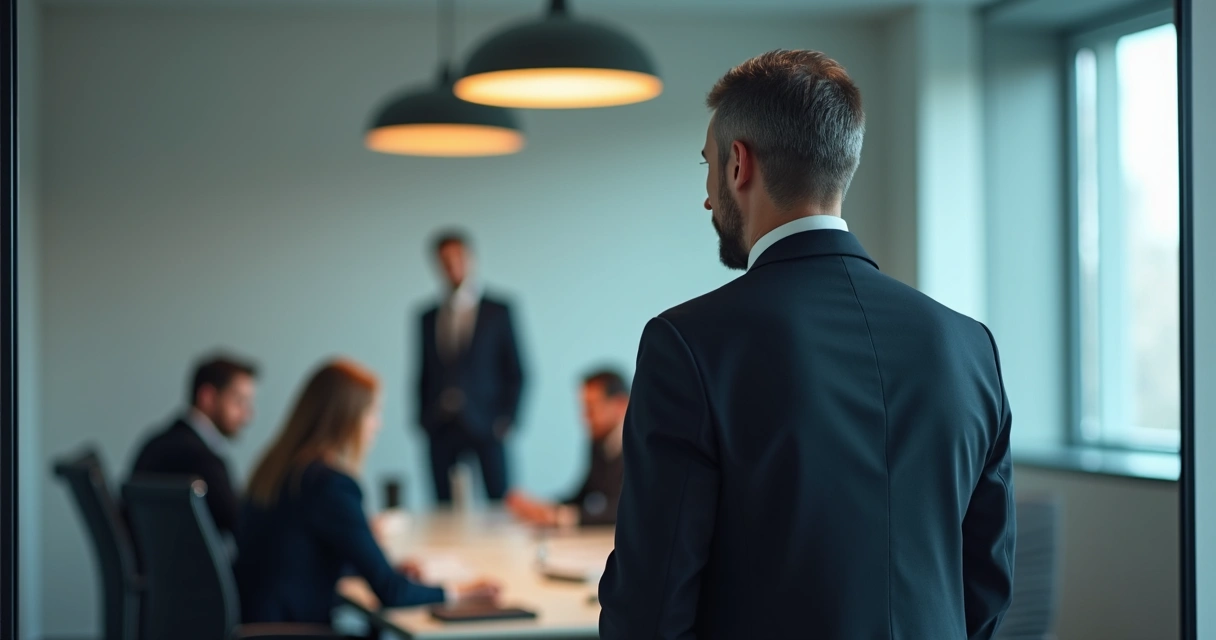 Leader looking at their reflection in a mirror with team members behind