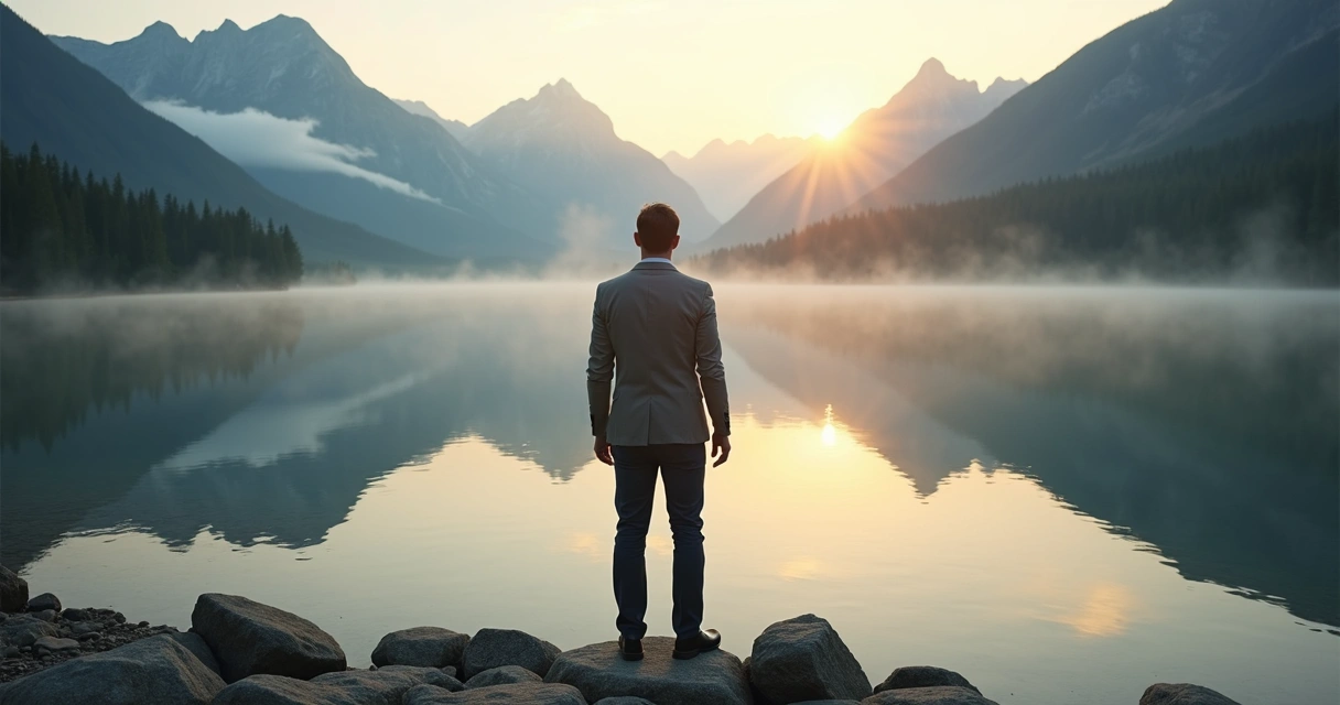 Leader standing at sunrise by a calm mountain lake with clear reflection 