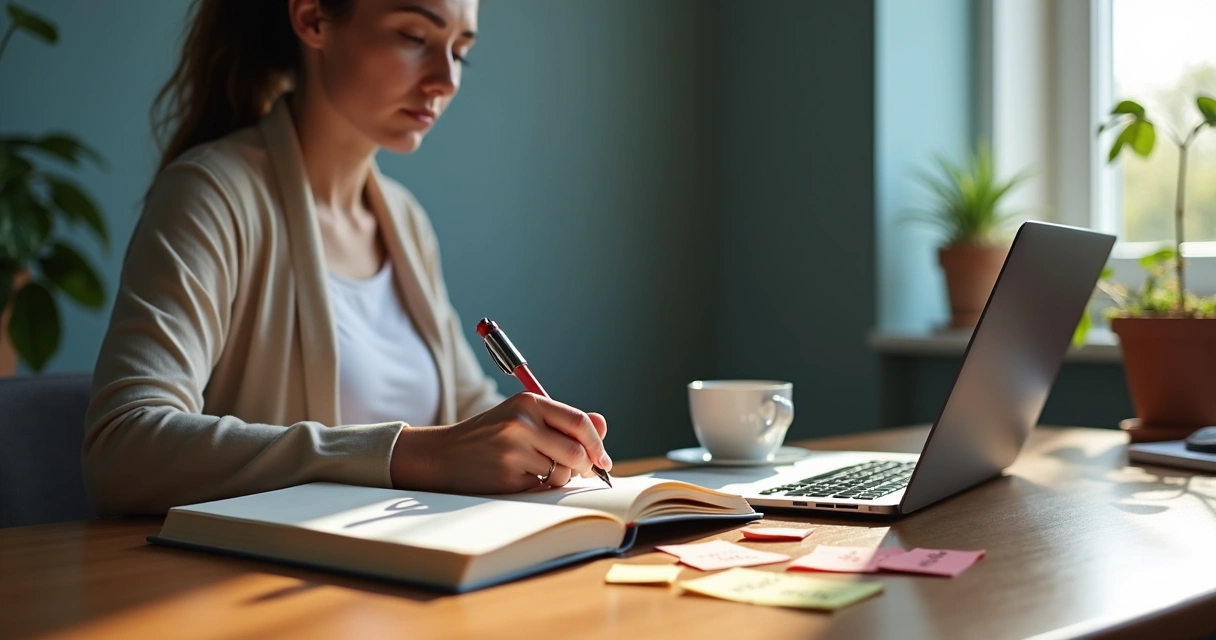 Leader writing reflections in a notebook at a desk