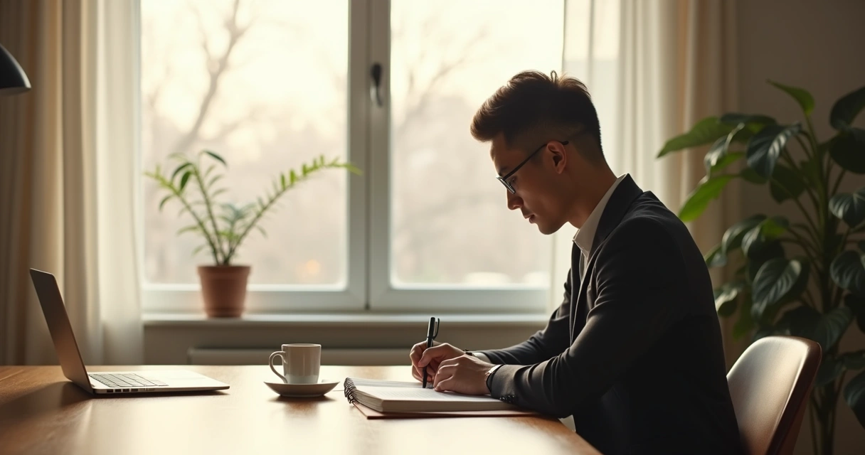 Professional reflecting with notebook by a window