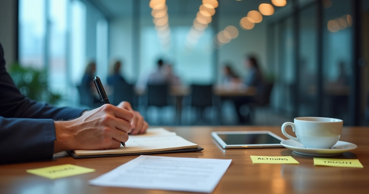 Leader writing notes after a meeting at a desk 
