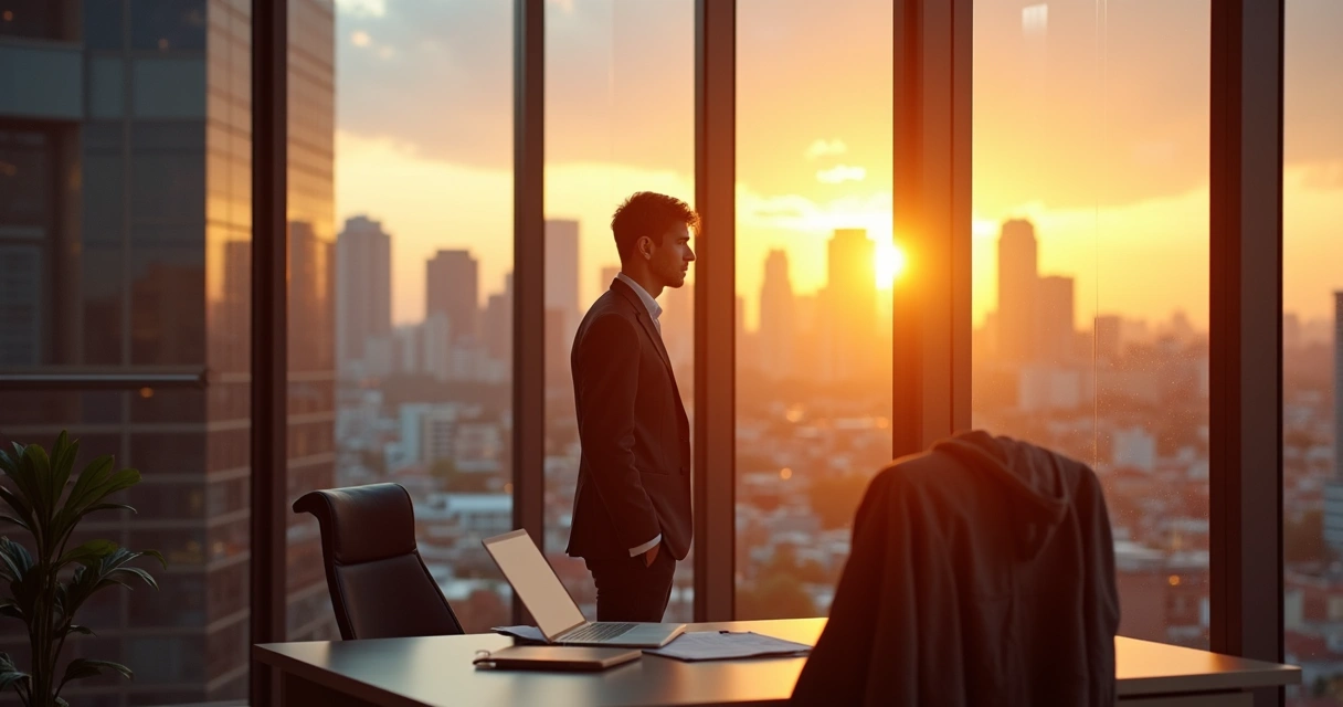Leader reflecting by office window after a workday