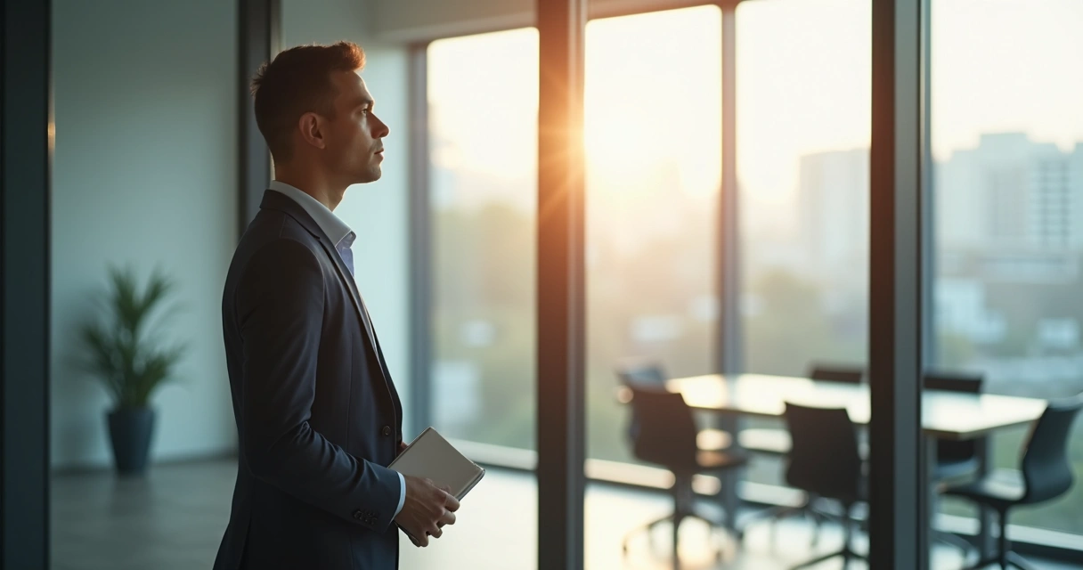 Leader reflecting by a window before a team meeting