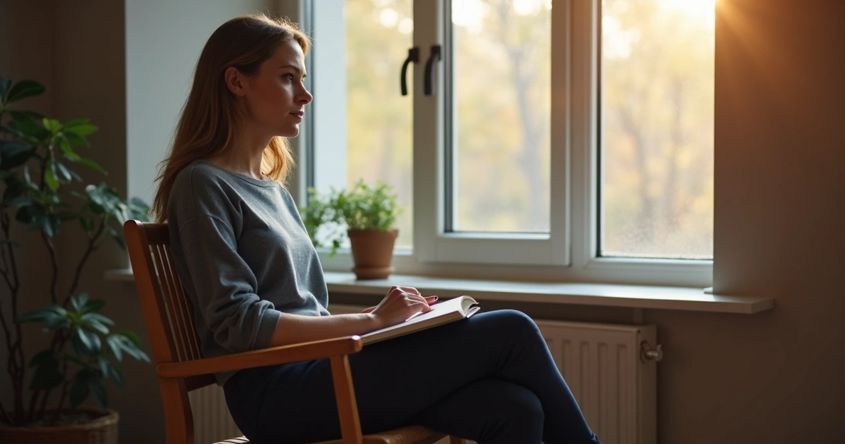 Leader reflecting by a window, holding a notebook 