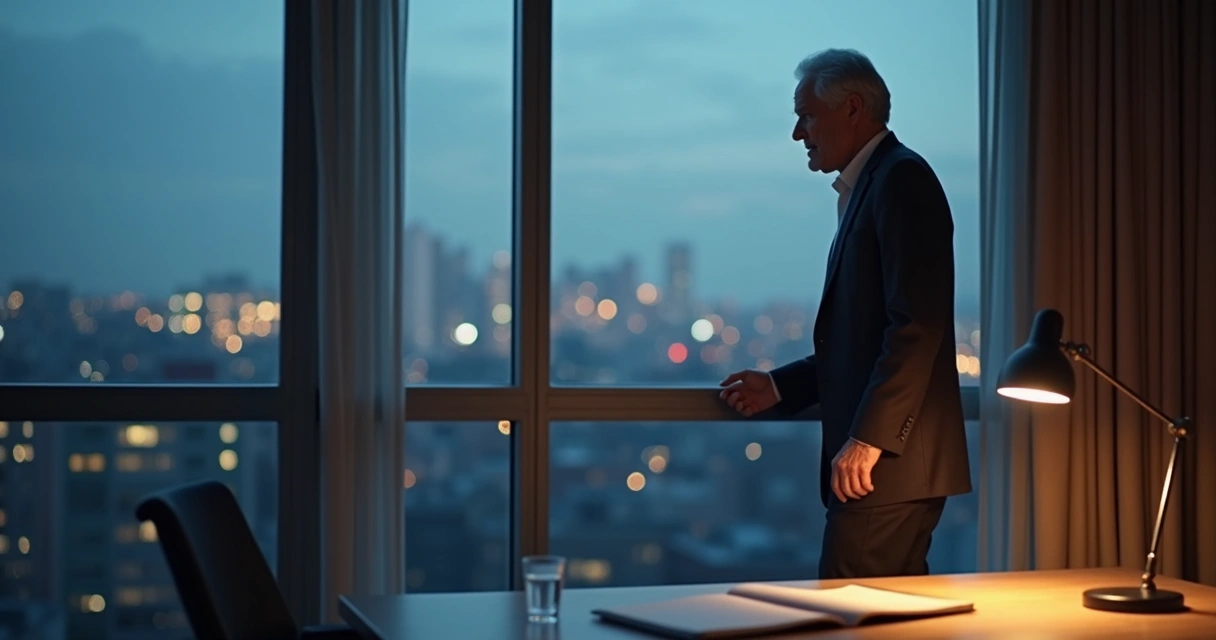 Leader reflecting by office window at dusk