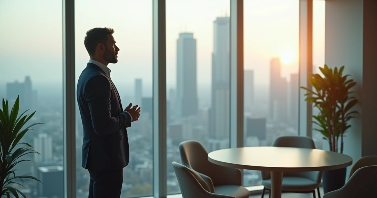 Leader reflecting beside a large office window