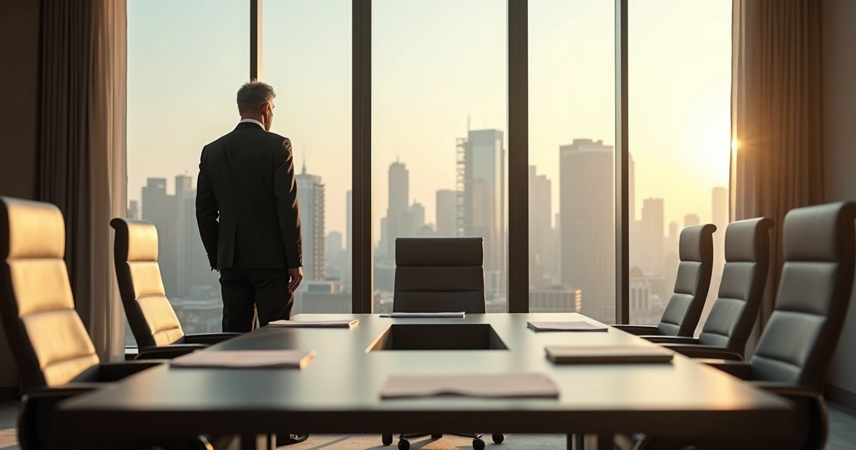 Executive reflecting alone by a boardroom window