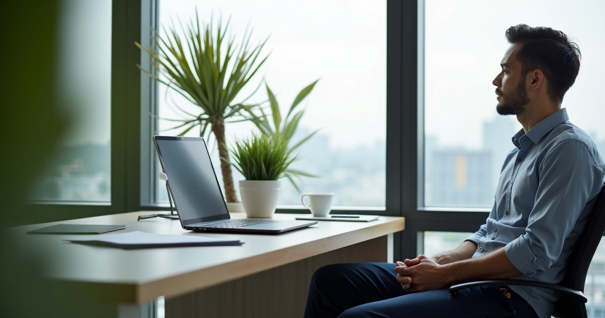 Leader sitting by a window looking thoughtful 