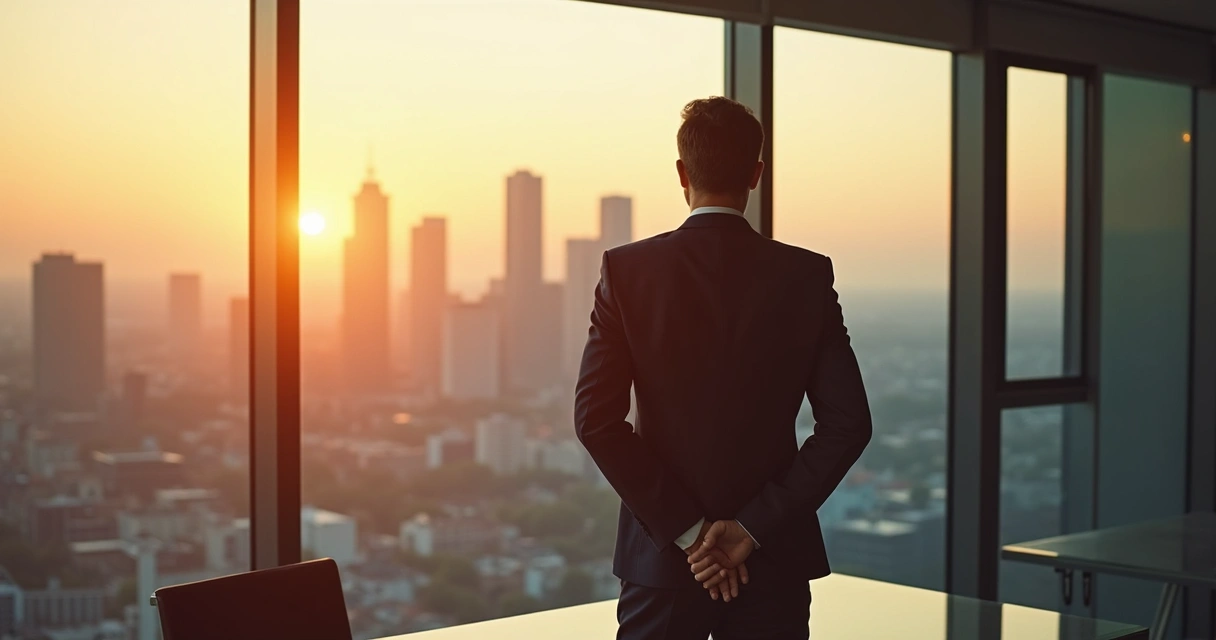 Leader in business suit reflecting by office window at sunrise