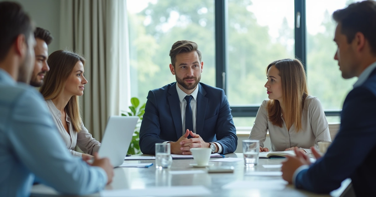 Leader pausing before speaking in a team meeting 