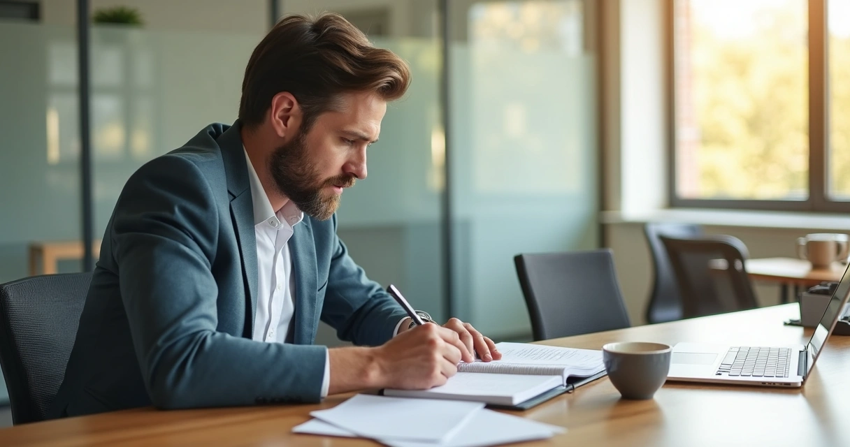 Leader writing notes before a meeting in a quiet office