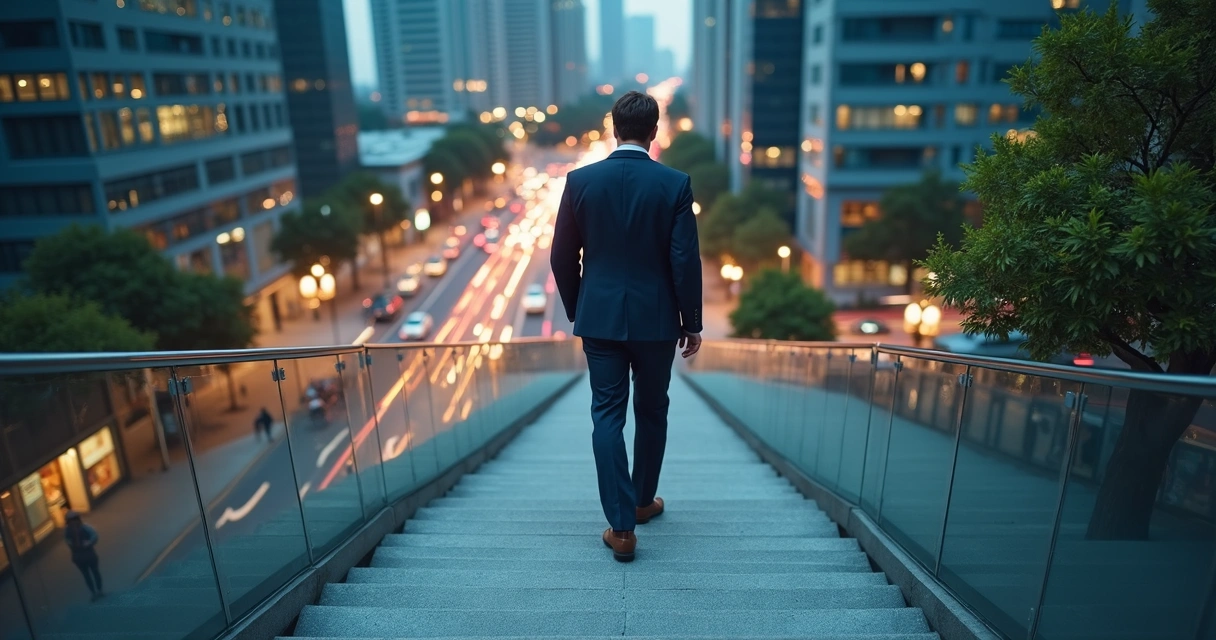 Executive pausing on city stair landing overlooking glowing growth trails 