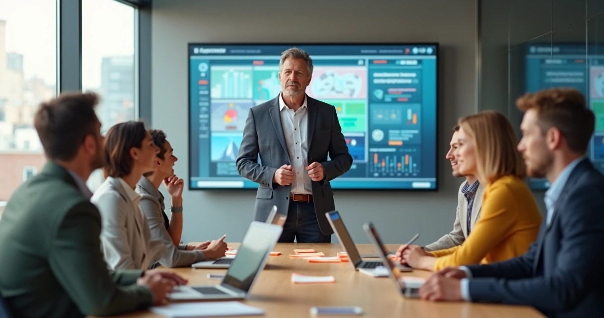 Leader pausing thoughtfully in front of team during fast-paced project meeting 