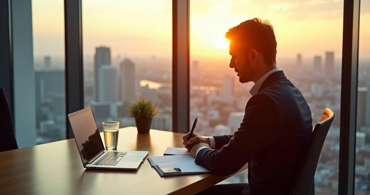 Business leader journaling by window overlooking city at sunrise 