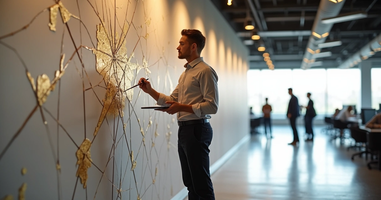 Leader adding gold lines over cracked mural in office hallway 