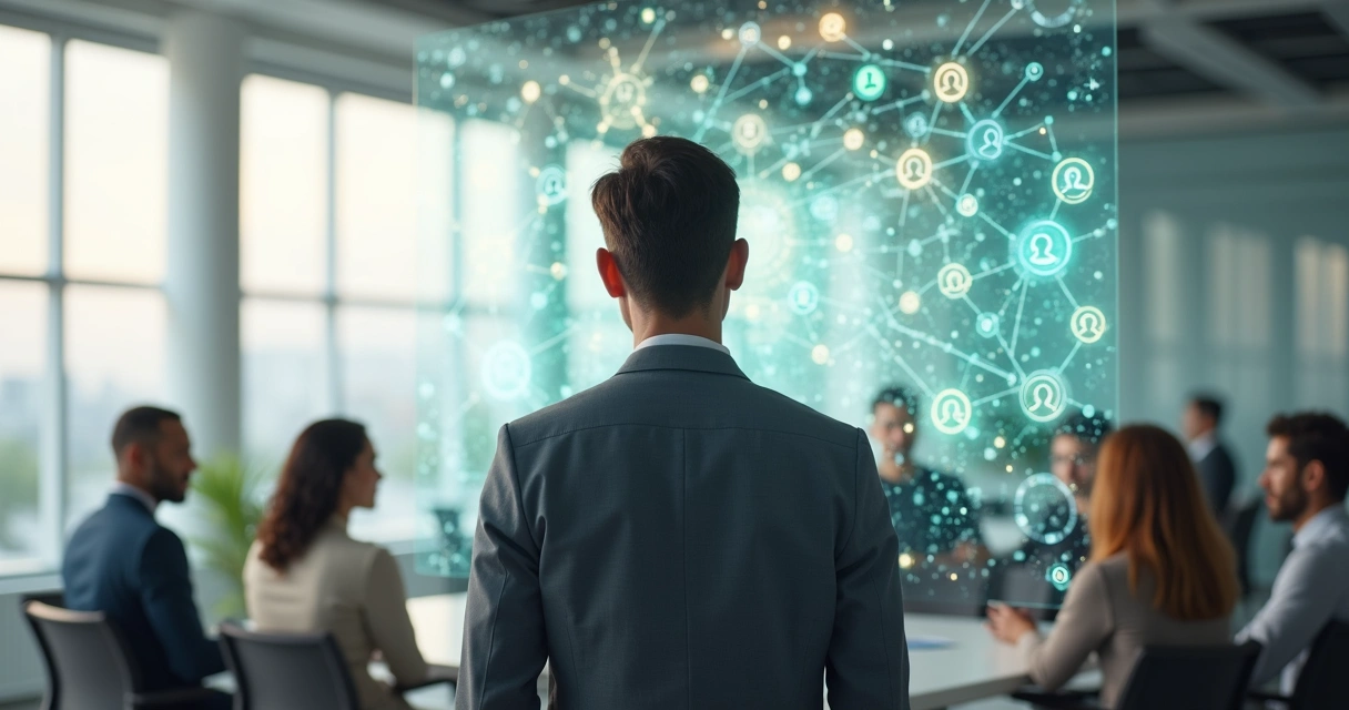 Leader visualizing a relational field map connecting people in a modern office 