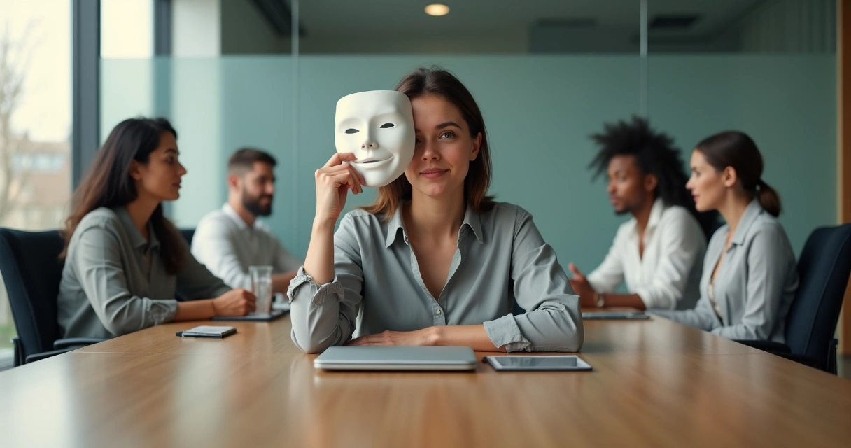 Leader gently removing a painted mask in a meeting, showing authentic face 