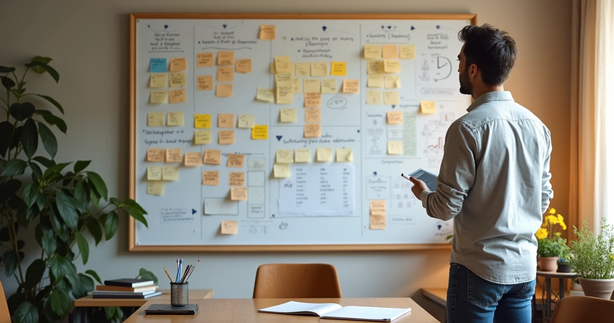Leader reviewing team mood patterns on notes and board