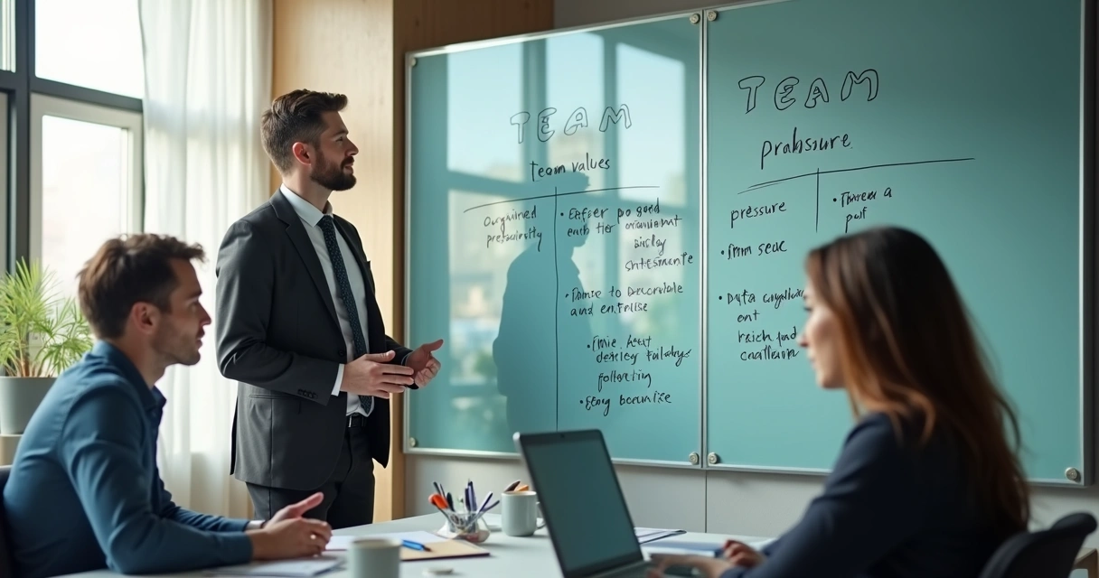 Leader reviewing team values board during a stressful office transition