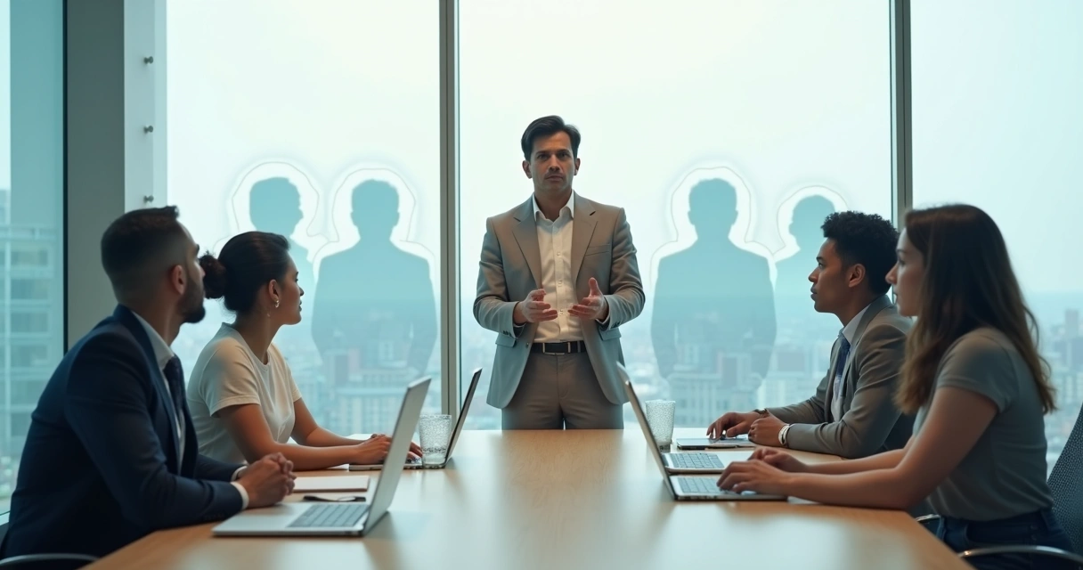 Leader observing team members with subtle translucent silhouettes behind them 