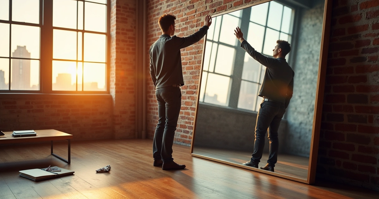 Professional touching city skyline reflection in large floor mirror 