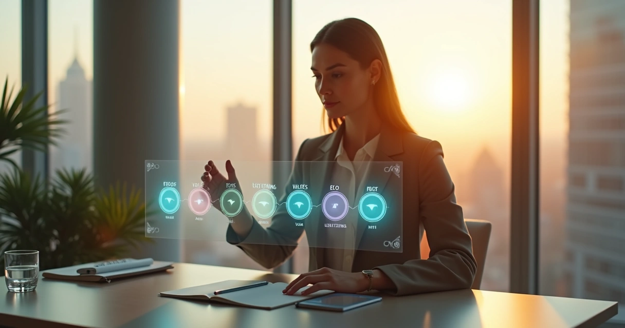 Leader adjusting glowing dials on a transparent dashboard. 