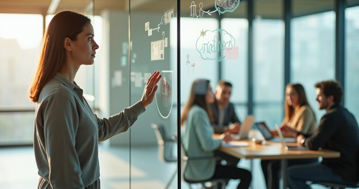 Team leader reflecting in glass wall while team works together in meeting room 